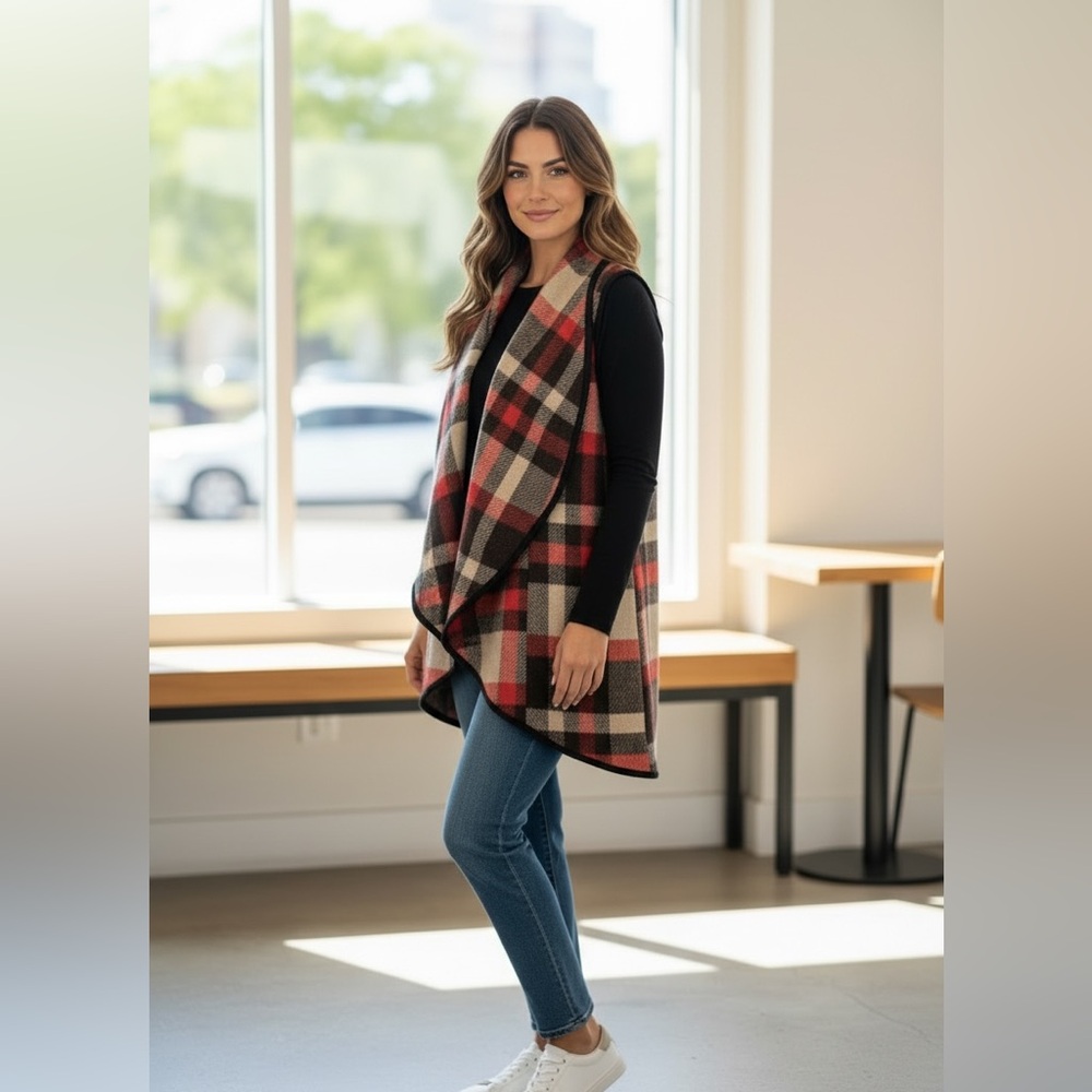 YACUN Plaid‎ Open Front Vest Womens Medium Red Black Tan Sleeveless